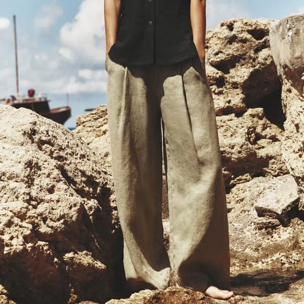 ZARA 100% LINEN WIDE-LEG PANTS GREEN